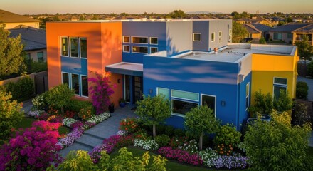 Fototapeta premium Modern colorful house with garden at sunset