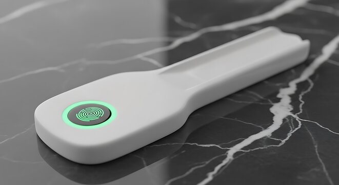 Modern fingerprint biometric scanner device with glowing green light on a dark marble surface