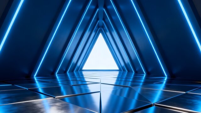 Futuristic blue neon triangular corridor