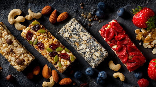 Granola bars with berries and nuts on dark background. Healthy snack assortment with seeds, dried fruits and cereals. Homemade energy bar composition