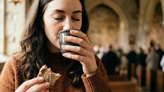 Woman partakes in eucharist communion with bread and cup in church. Catholic ritual of holy sacrament, spiritual reflection and worship in sanctuary setting.