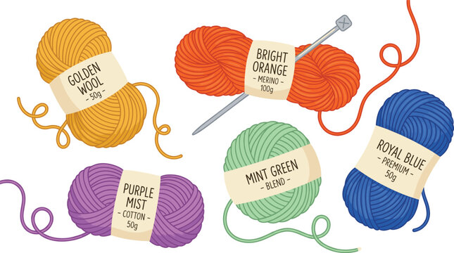 Knitting yarn skeins vector set with colorful labeled wool balls golden purple orange mint green and royal blue craft elements