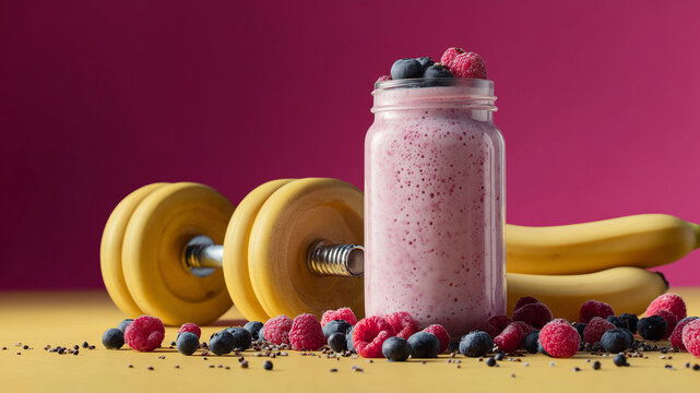 Protein smoothie with bananas and berries. Healthy fitness drink for workout nutrition and active lifestyle. Sport meal composition