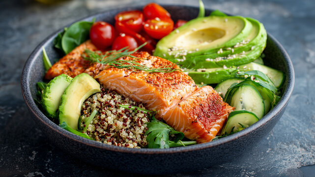 Salmon poke bowl with avocado, cucumber and vegetables. Healthy seafood meal with fresh ingredients and sesame topping. Balanced lunch food composition