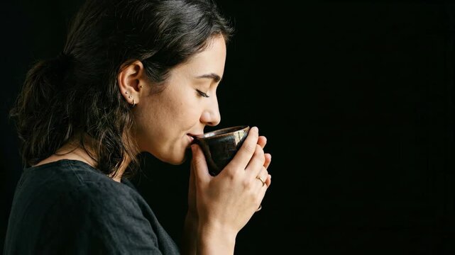 Young woman holds a ceramic cup and smells a warm beverage. Close up side view of a lady drinking tea or coffee. Relaxed lifestyle concept on black background.