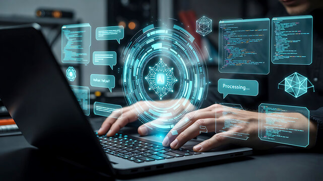 Digital Interface With Computer Code and AI Symbol