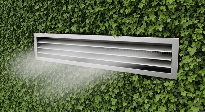 Metal ventilation grille installed on a green ivy covered wall