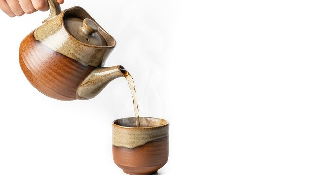 A handmade ceramic teapot tilted to pour steaming hot tea into a matching cup, featuring natural textures and earthy brown tones, motion, drink, aroma
