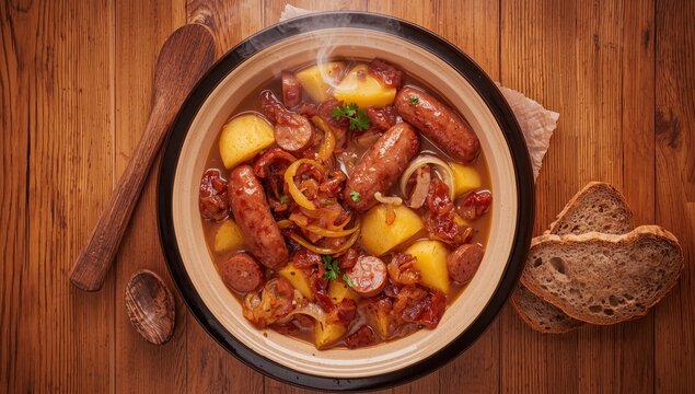 Hearty Dublin Coddle, Classic Irish stew with sausage, bacon, potatoes, and onions, presented in a deep bowl, quintessential Irish comfort dish.
