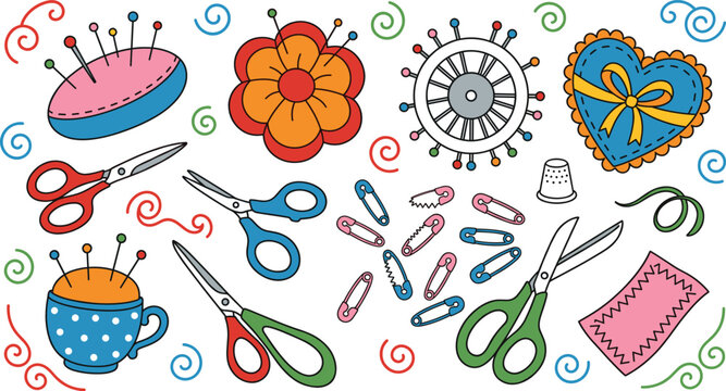 Sewing and tailoring vector accessories set with pincushions scissors safety pins thimble needle wheel heart shaped pin pad collection