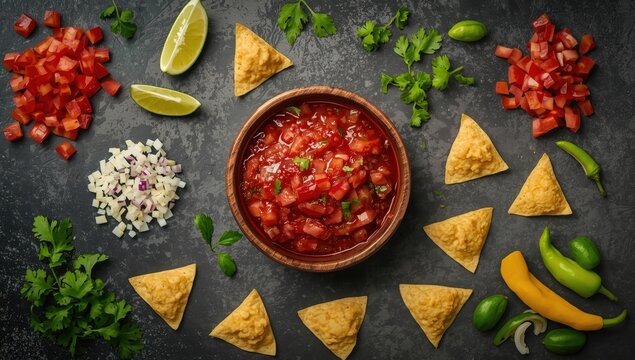 Homemade Mexican salsa with tomato, onion, garlic, cilantro, lime, and pepper, served with nacho chips on a dark backdrop.