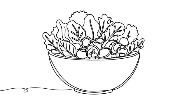 Animation of line drawing of a bowl of salad with leafy shapes, symbolizing healthy choices, balance, and daily meals.