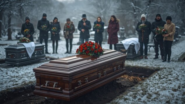 A wooden coffin adorned with flowers rests above a grave in the winter cemetery during a farewell and burial service.