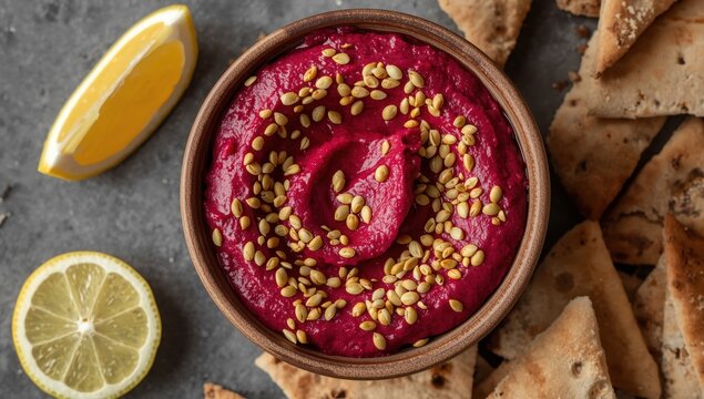 Bowl of beetroot hummus topped with sesame and pumpkin seeds, served with pita on a gray stone surface, close-up.