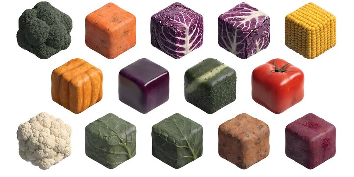Wrapped Isometric Blocks Displaying Fresh Vegetable Skin and Surface Textures from Common and Root Varieties Arranged in Grid Collection on White Background for Game Design Reference