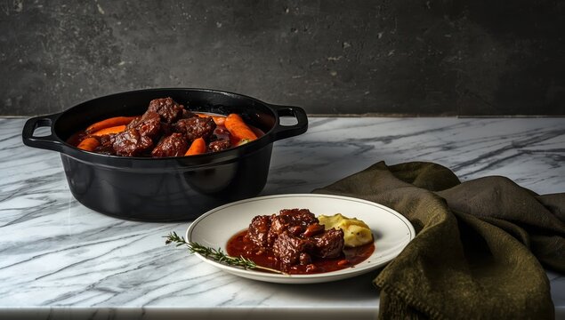 Beef Bourguignon with Dutch carrots and creamy mash in a black cast iron pot. Image features a marble countertop, dark grey wall, white plate, and green linen.