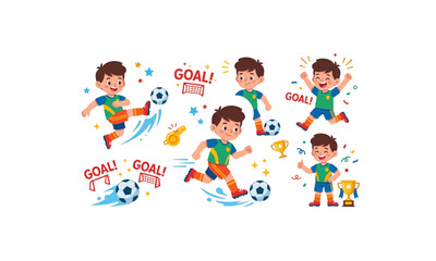 Fototapeta premium Happy soccer player kids collection, cartoon football children scoring goals celebrating victory and championship trophies illustrations