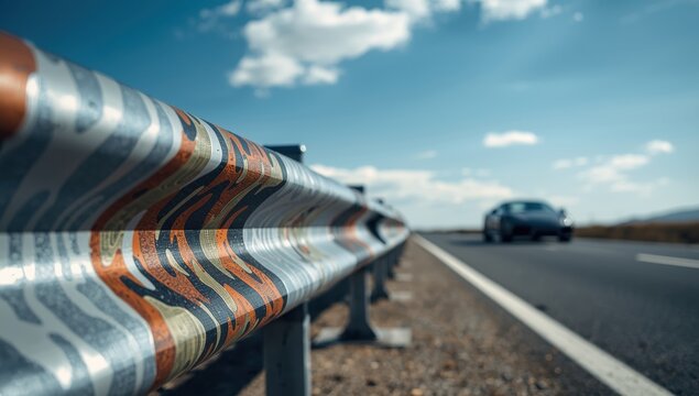 Steel guardrail with a striking metallic design that protects vehicles from veering off the road.