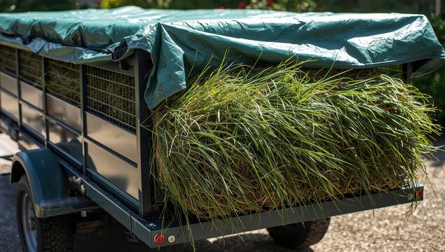 Well-secured grass clippings on a trailer featuring a lattice frame for increased truck capacity. Gardening services, mesh, netting, green fabric, tarp, textile.