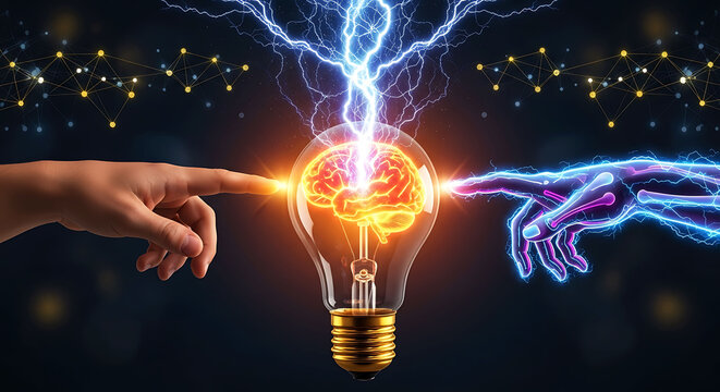 Human hand and AI robot hand touching a glowing brain light bulb
