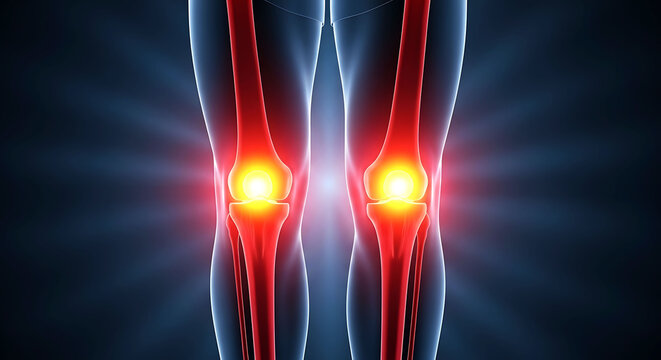 Anatomy of human legs showing painful glowing red knee joints with patella
