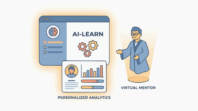 Illustration of an educational platform with artificial intelligence, personalized learning analytics, and a virtual teacher, with soft, cinematic lighting, isolated on a white background.