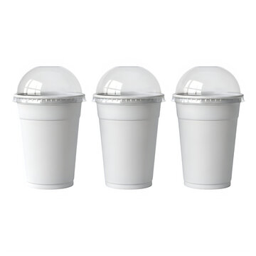 Three white styrofoam cups with clear plastic domed lids isolated on transparent background