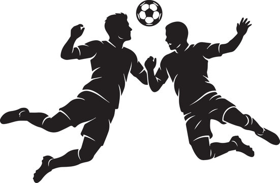 Silhouette of two male soccer players jumping to head the ball with black