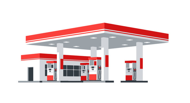 Modern Gas Station Building with Red and White Canopy and Pumps