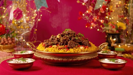 Obraz premium Lamb biryani with raita, a festive dish for Ramadan and Eid celebrations in Hyderabad, India.