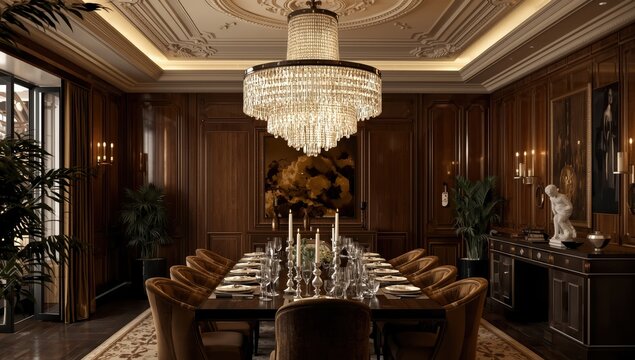 Ceiling-mounted crystal chandelier in dining room; luxurious, elegant, vintage, and contemporary decor.