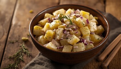 Fototapeta premium Close-up of a bowl of potato salad with egg, pickle, and red onion, dressed with mayo and yogurt on a wooden table.