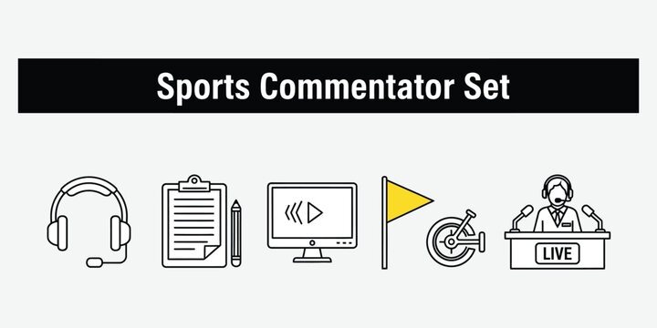 Sports commentator icons with microphone and headphones during broadcast on white background vector silhouette