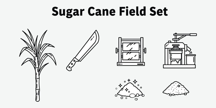 Sugar cane stalks with machete and processing equipment during harvest in silhouette style