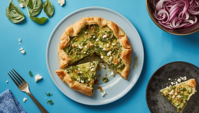 Homemade savory pie with spinach and feta on a blue table. Balkan dish featuring phyllo dough.
