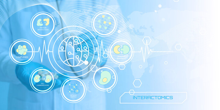 Modern illustration depicting interconnection of biological data systems and interactomics in medical research technology