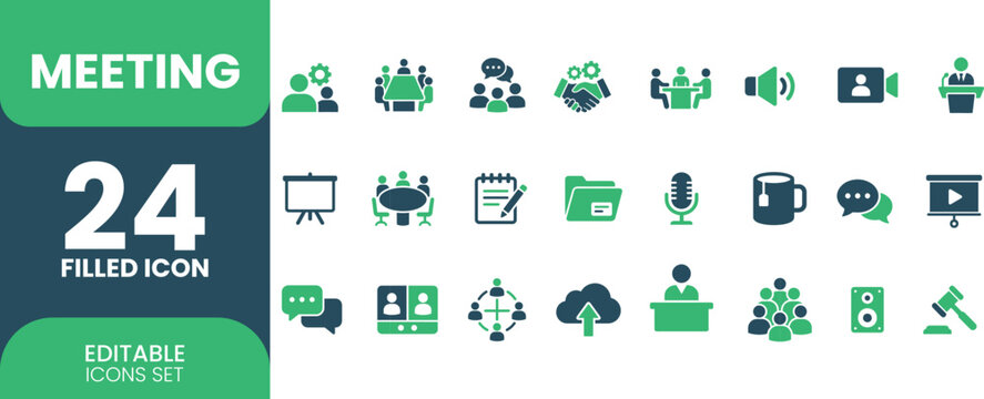 Professional meeting and business communication flat vector icon set