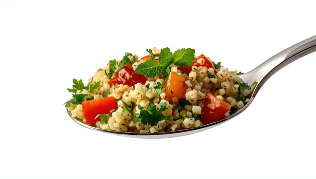 spoonful of tabouleh on white backdrop