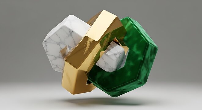Abstract geometric composition with interlocking gold, white marble and green malachite hexagonal shapes