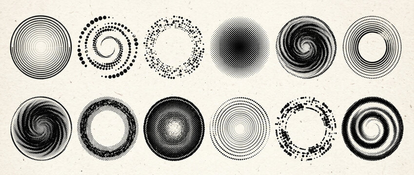 Abstract circular geometric elements set and black ink brush stroke circles