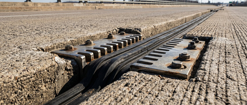Industrial close up view of a steel expansion joint on a concrete highway bridge structure