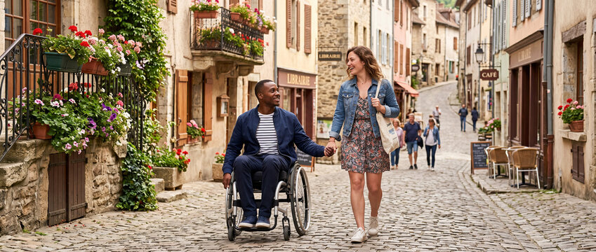 Smiling couple walking along a charming old cobblestone street decorated with colorful flowers