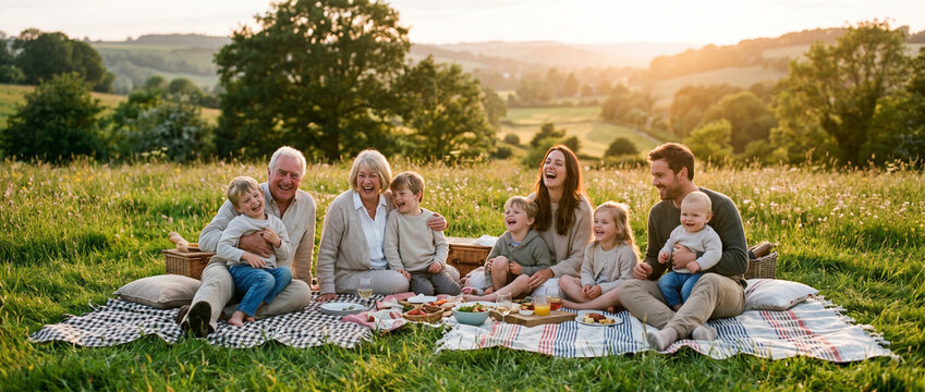 Multigenerational family having a happy picnic in a sunny green field at sunset