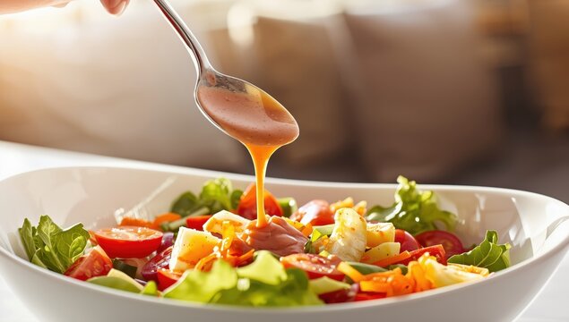 Creamy thousand island dressing drizzled on a fresh garden salad at a hotel breakfast buffet.