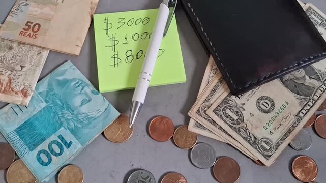 Brazilian real banknotes and american dollar bills arranged with a pen on a flat surface