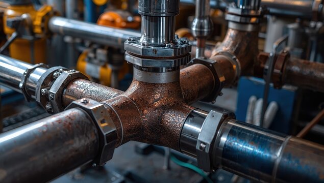 Detailed view of welded joints between district heating pipes and building supply lines, showcasing expert welding and energy connection.
