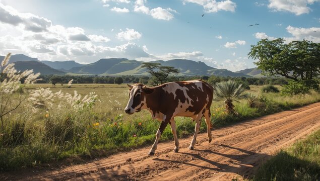 Nguni cattle strolling on a dirt path through a colorful field, representing the heritage of the Nguni people in South Africa and reflecting rural traditions.