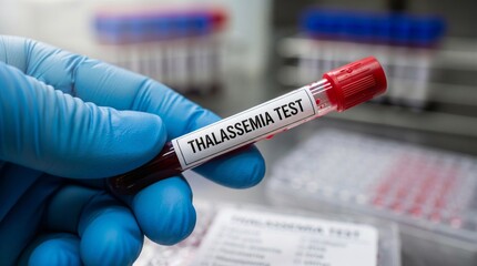 Fototapeta premium Close up of medical professional wearing blue gloves holding blood sample vial for thalassemia test in lab.