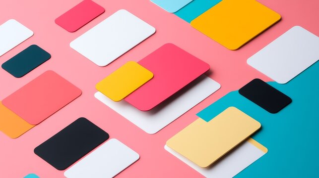 Vibrant flat lay of colorful, overlapping rounded rectangles simulating UI cards on a pink background. Modern abstract geometric design with shadows, digital concept. ,UIUX, Abstract