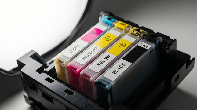 Set of colorful printer ink cartridges Cyan Magenta Yellow Black inside printer ready for printing documents and photos.